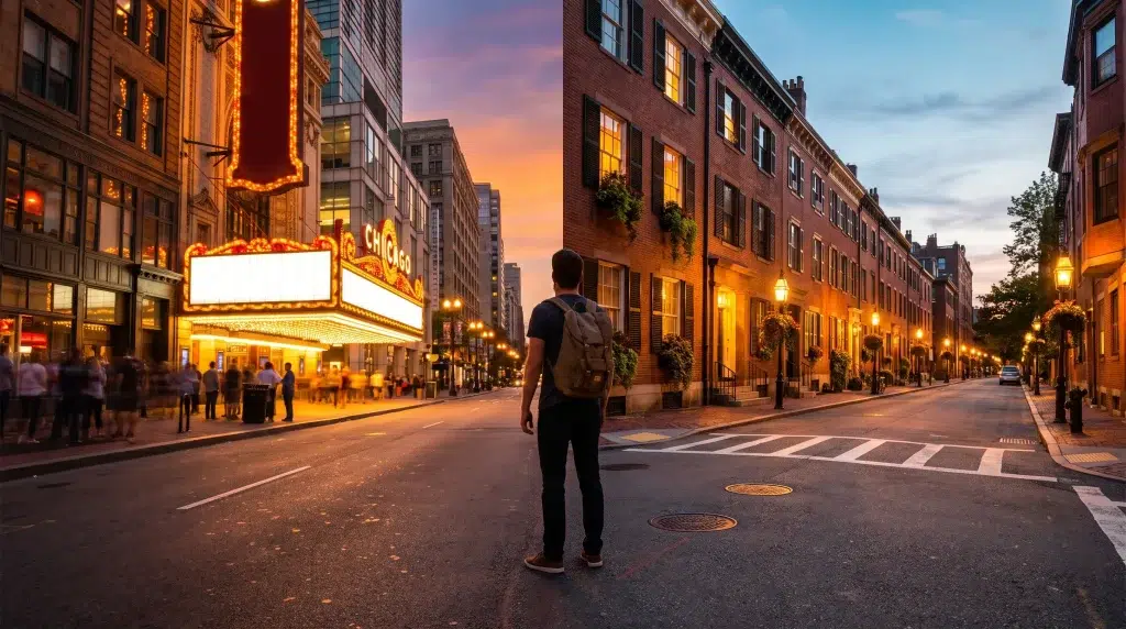 Person with backpack standing between city streets at sunset, near lit marquee lights