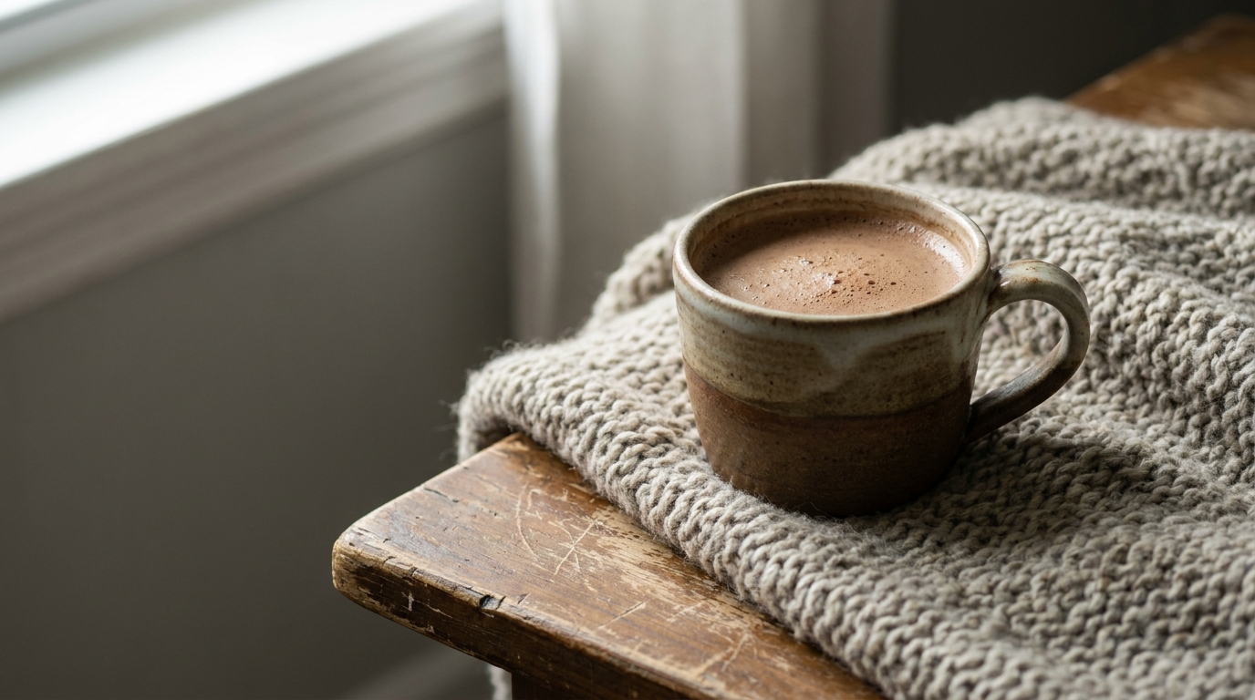 A ceramic mug filled with hot chocolate on a knitted blanket-covered wooden table