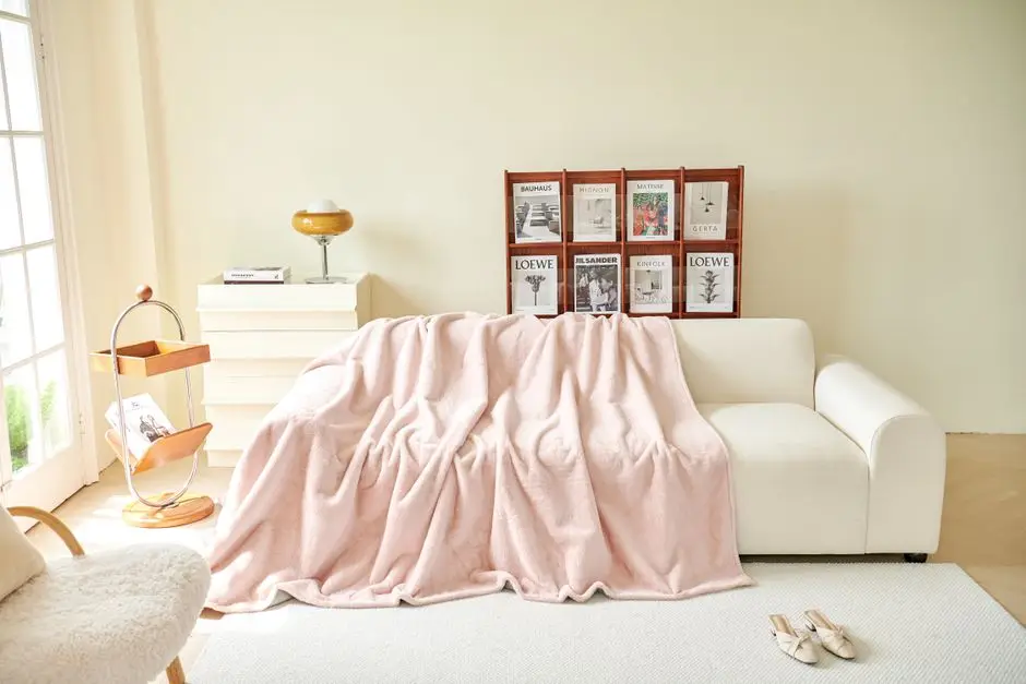 Cream sofa with pink blanket in bright living room with magazine rack and minimal decor