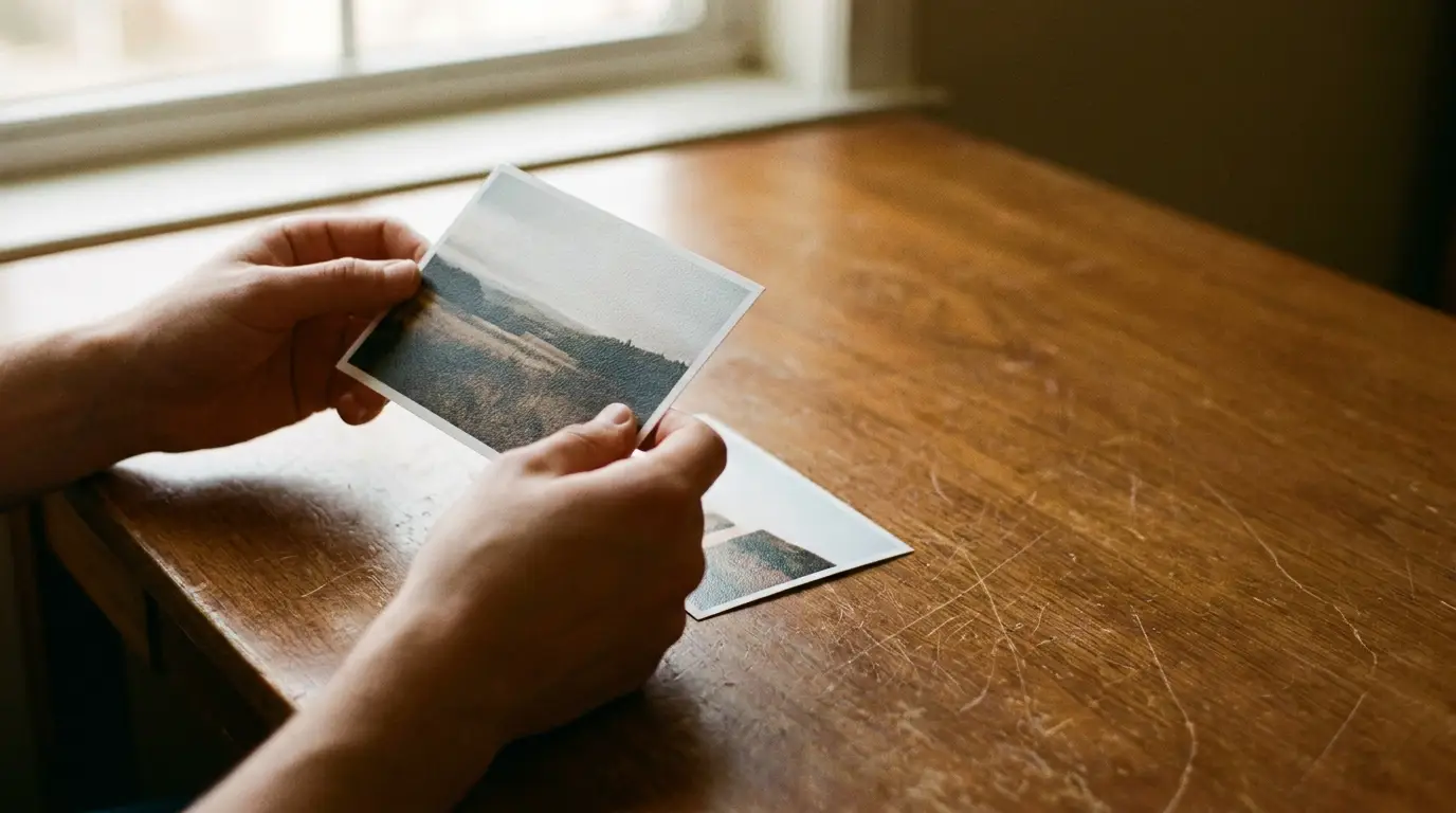 Hands holding a photograph of a landscape on a wooden table by a window