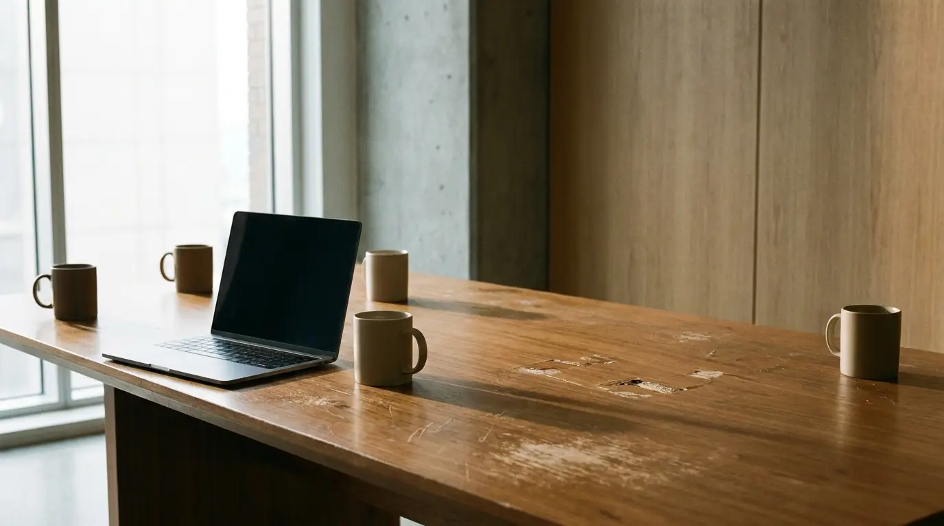 Laptop with four mugs on a wooden table in a bright office setting