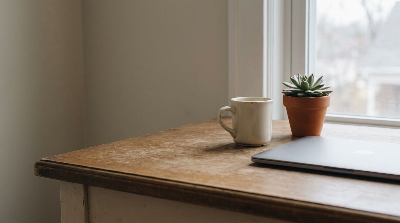 Coffee mug, succulent plant, and laptop on wooden desk by a window in natural light