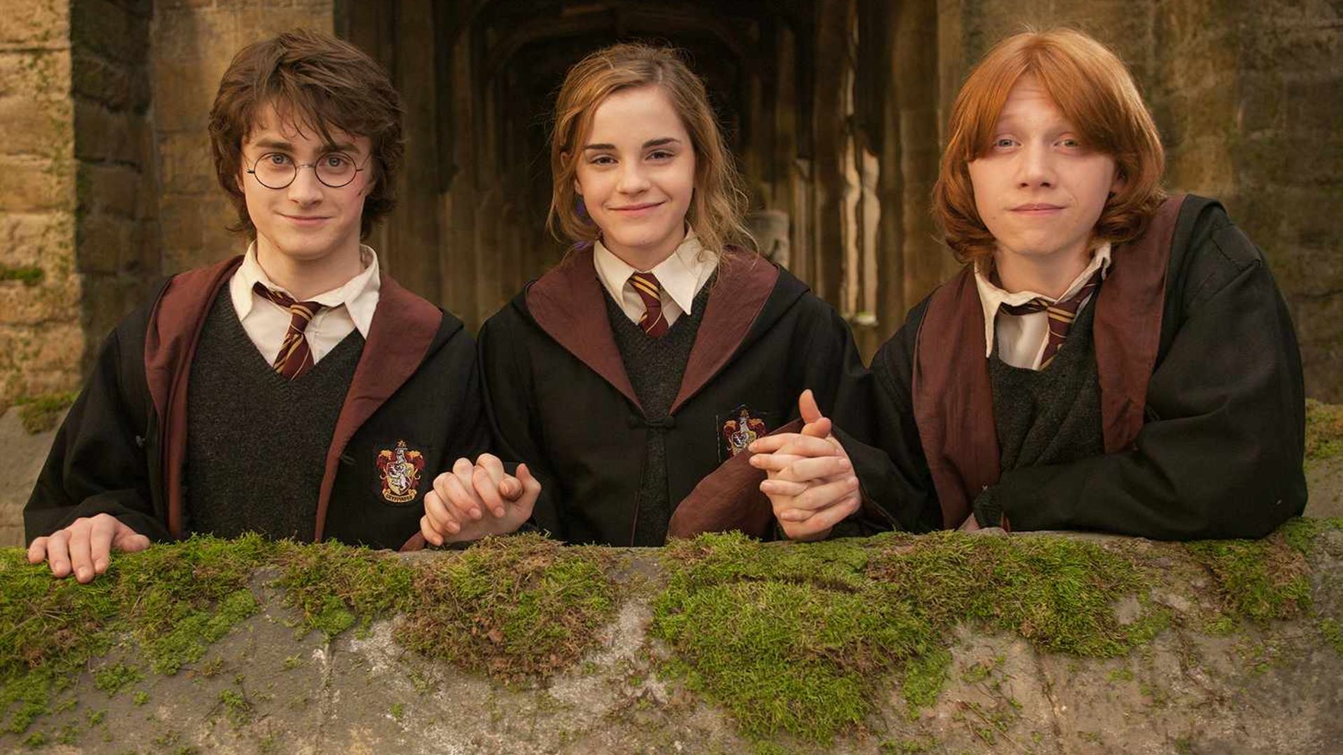 Daniel Radcliffe with Emma Watson and Rupert Grint in a Harry Potter scene