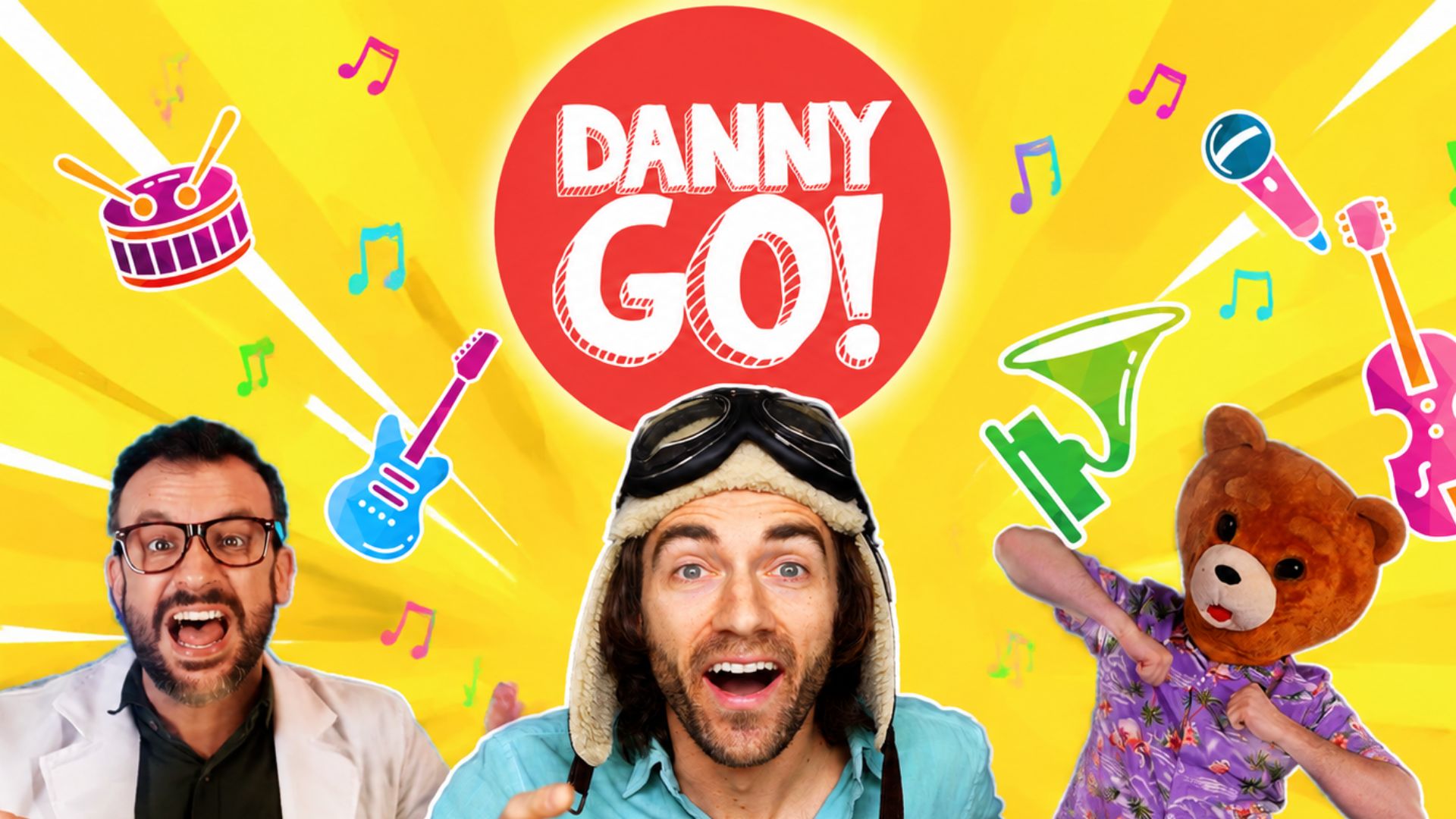Danny Go wearing his character outfit in a colorful YouTube promotional image with bright graphics.