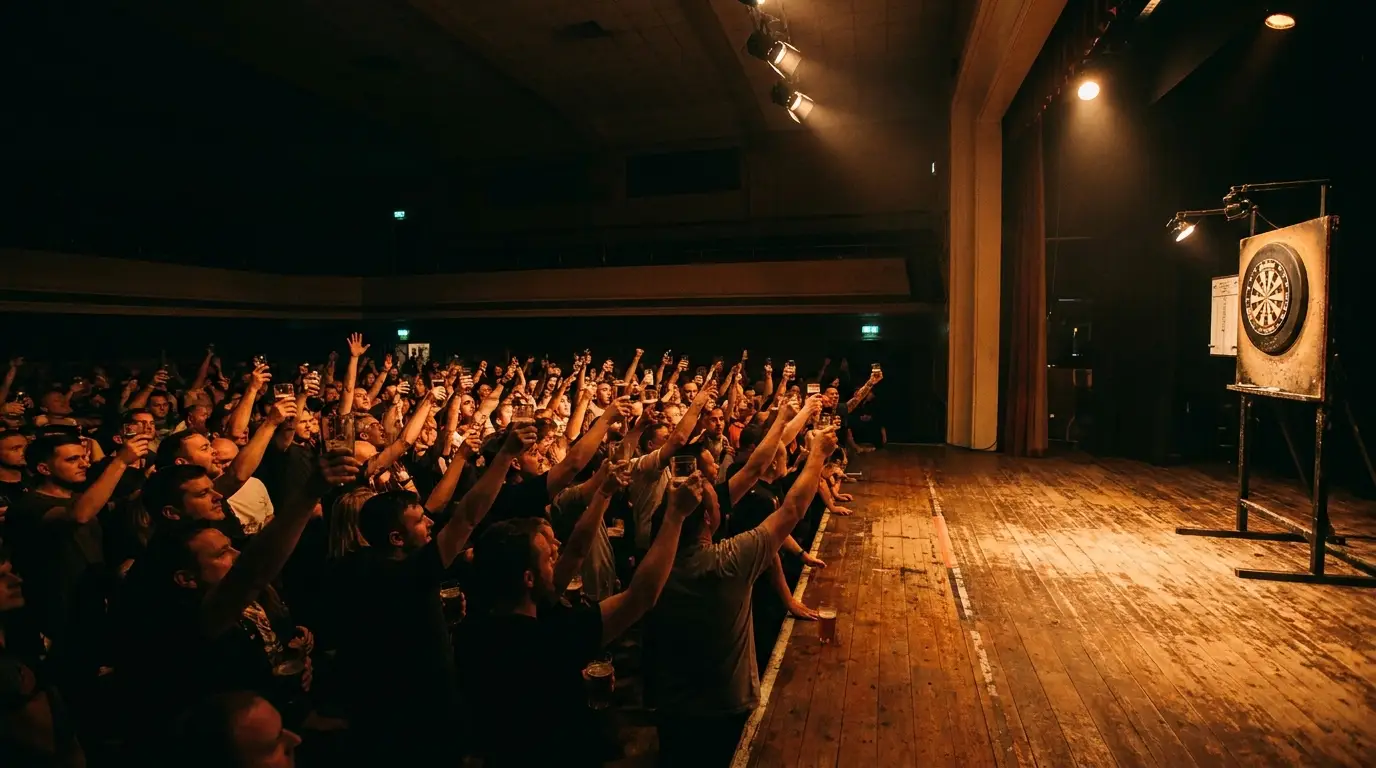 Audience raising glasses at a crowded indoor event with dartboard on stage