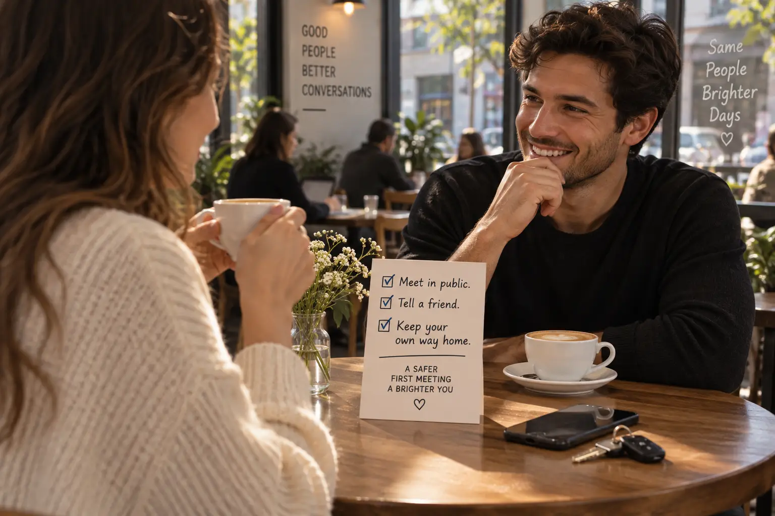 Two people enjoying coffee at a café table with safety checklist sign