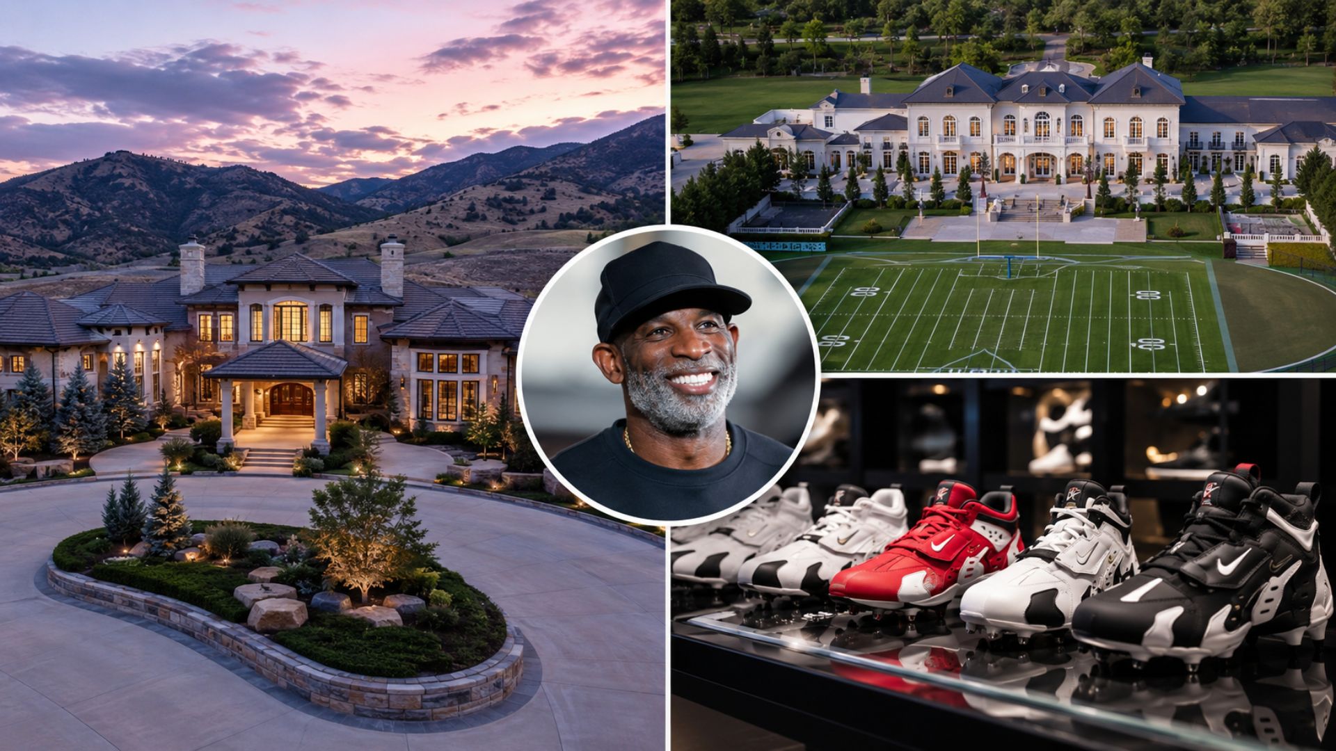 Deion Sanders lifestyle collage featuring luxury homes, a football field, sneaker collection, and a portrait of Sanders.
