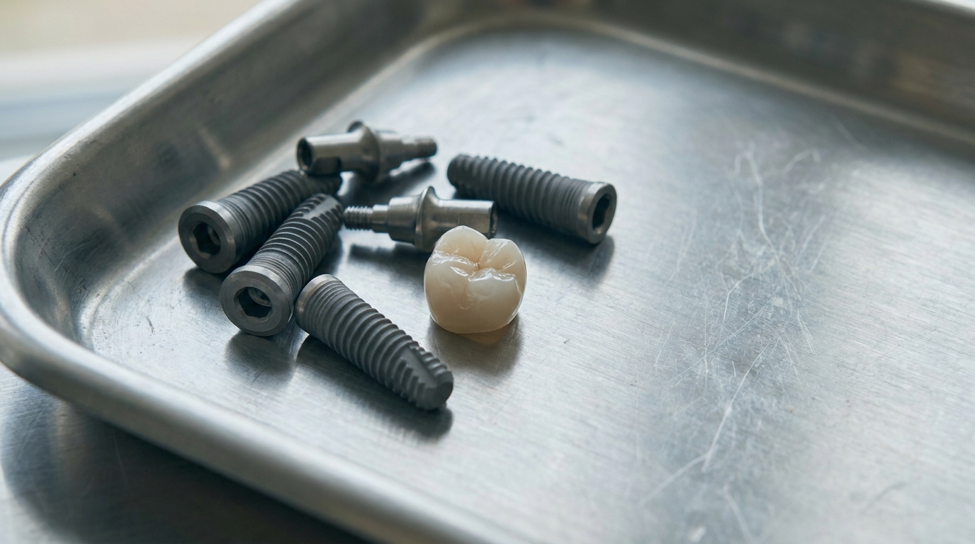 Dental implants and a tooth crown on a stainless steel tray in bright lighting