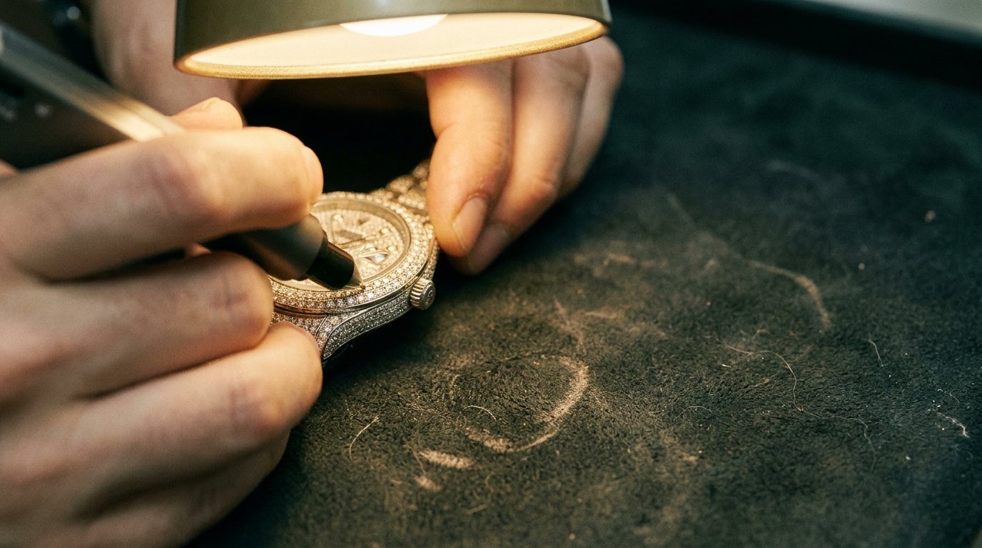 Craftsman working on diamond-encrusted watch under warm lamp light in workshop setting
