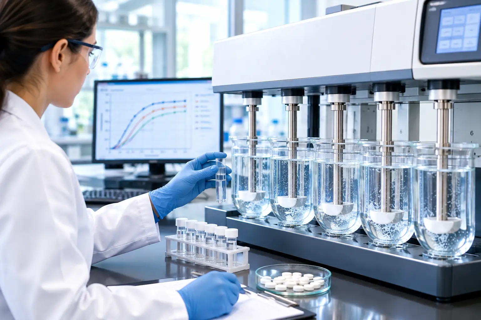 Scientist conducting dissolution test with laboratory apparatus and tablet samples in modern lab