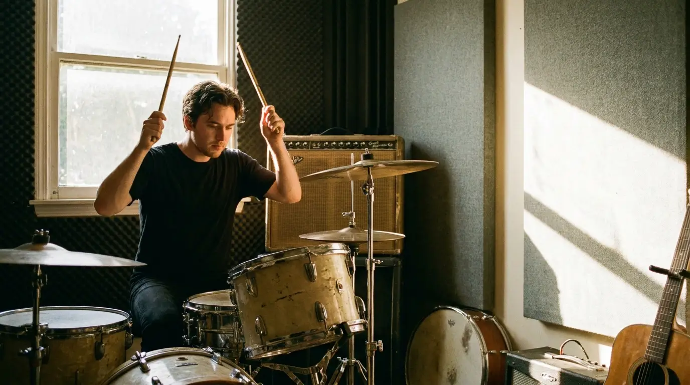 Drummer playing in soundproofed studio with vintage drum kit and guitar nearby