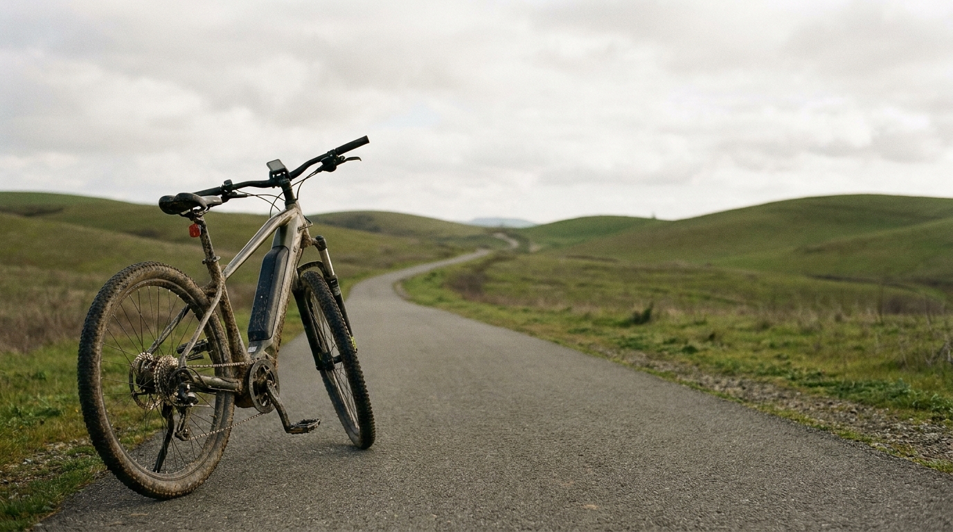 Muddy bicycle resting on a paved road through green rolling hills under cloudy sky