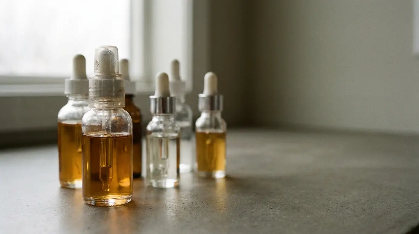 Small glass dropper bottles containing amber liquid on a concrete surface in soft light