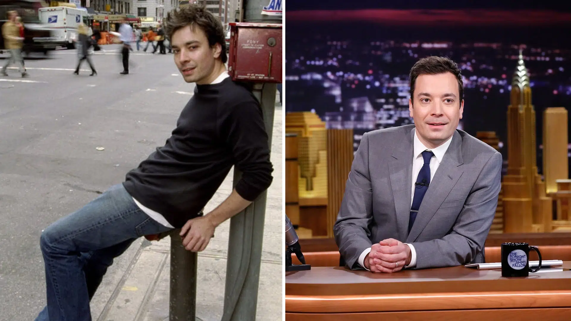 split image showing Jimmy Fallon casually posing on a new york city street and later hosting the tonight show at his desk