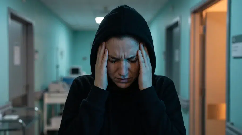 Person in black hoodie holding head in hospital hallway with teal walls