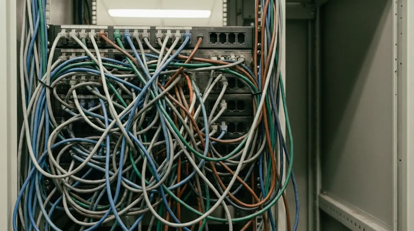 Tangled network cables connected to server rack in a dimly lit room