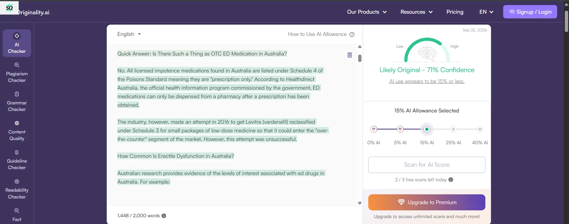 Online tool interface showing AI originality assessment and confidence score gauge