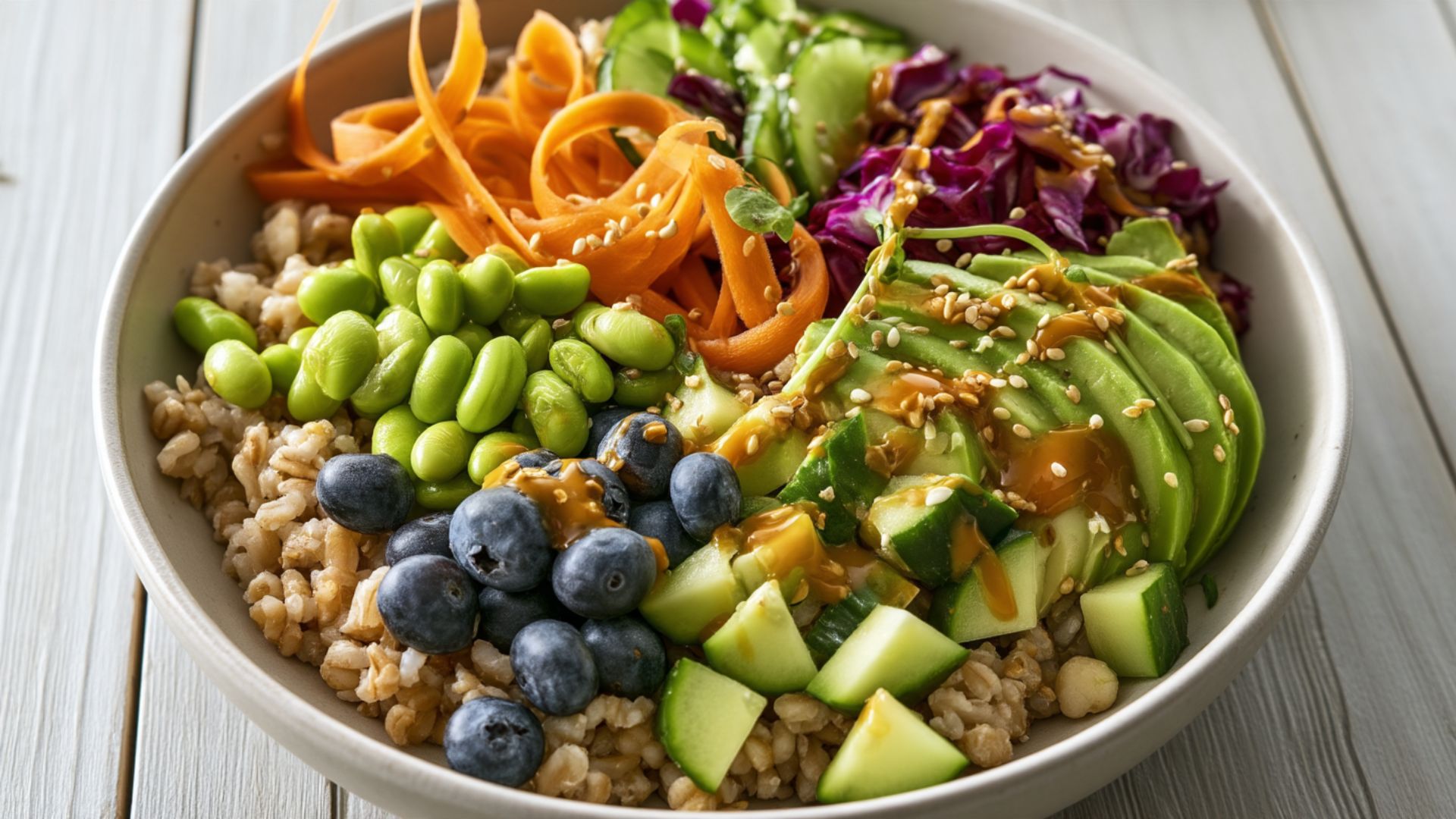 Edamame rice bowl with brown rice, carrots, cucumber, purple cabbage, avocado and sesame seeds.