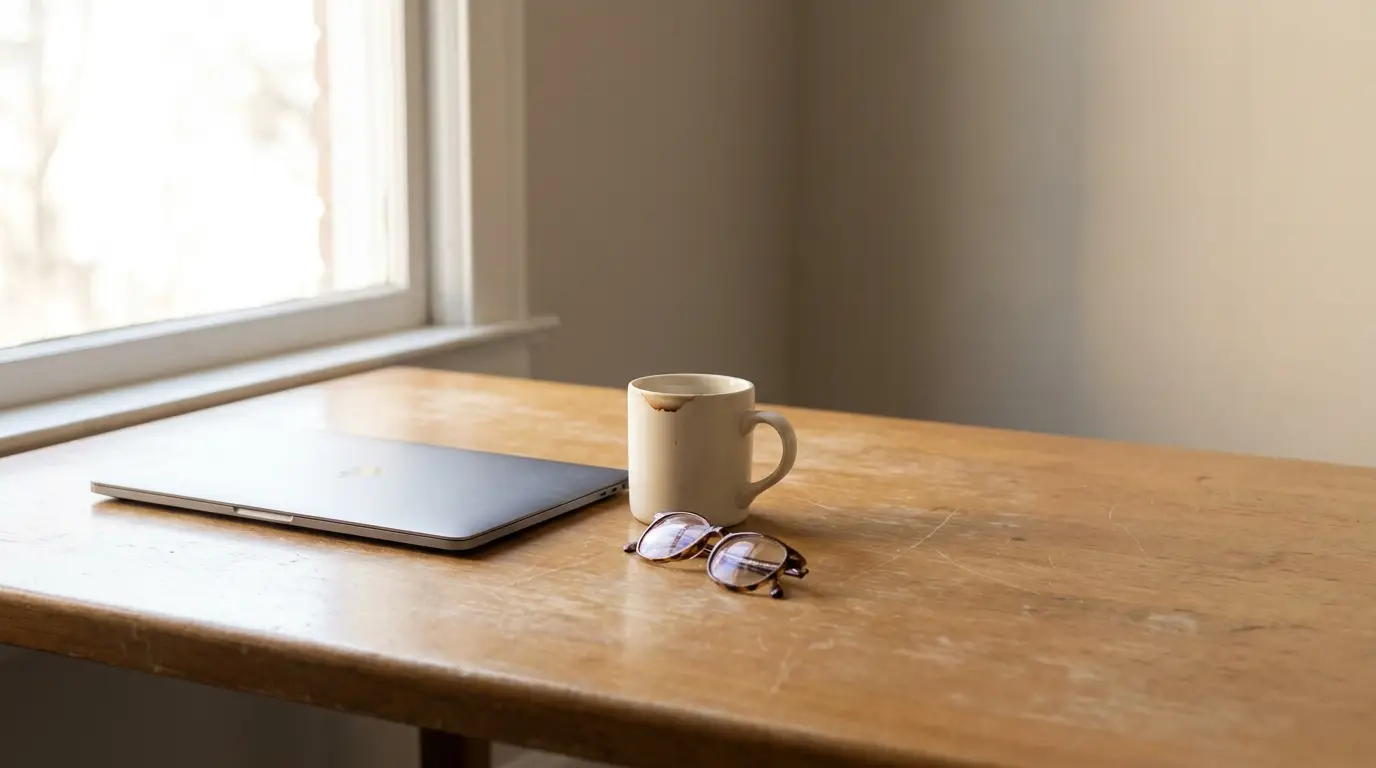 Laptop, coffee mug, and eyeglasses on wooden desk near sunlit window