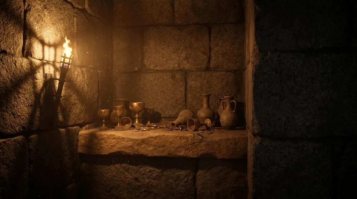 Ancient stone alcove with scattered gold jewelry and cups lit by wall torch