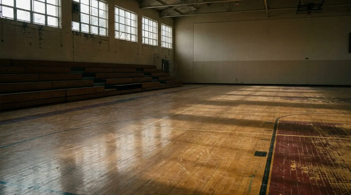 Empty indoor basketball court with wooden bleachers and natural light streaming through windows