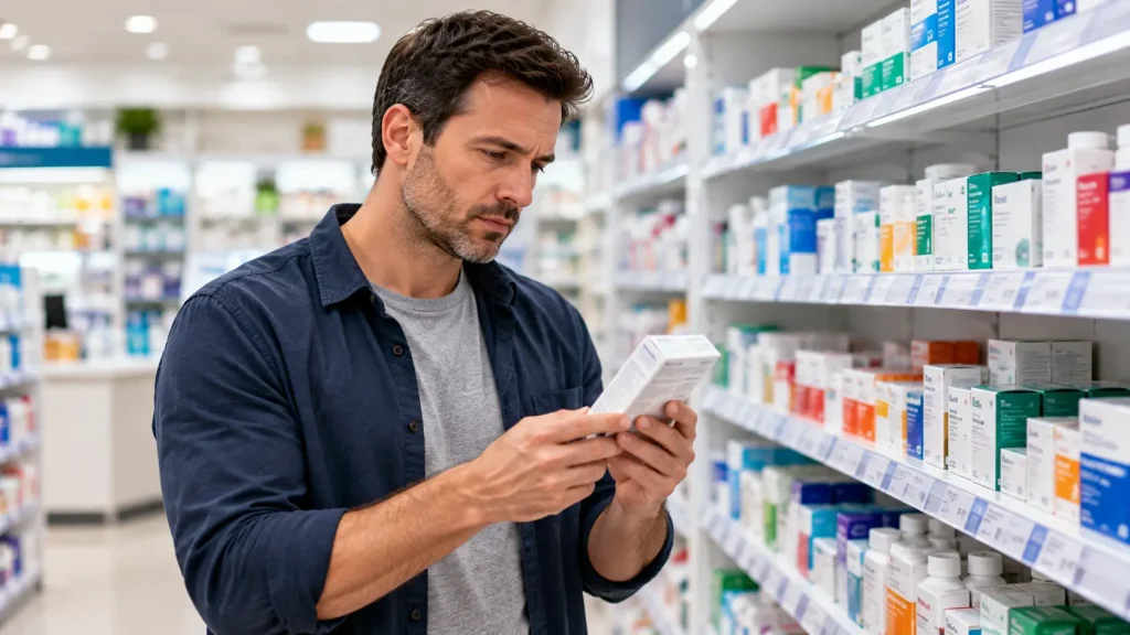 Man examining medicine box in brightly lit pharmacy aisle with shelves of colorful packaging