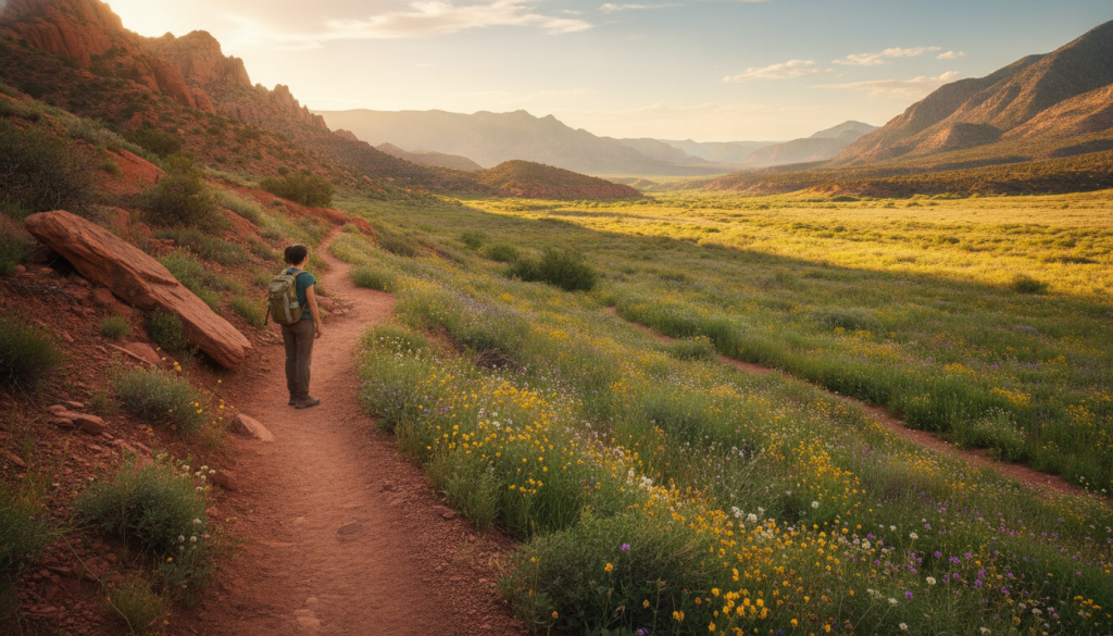 Hiker with backpack on dirt path through scenic desert valley at sunset