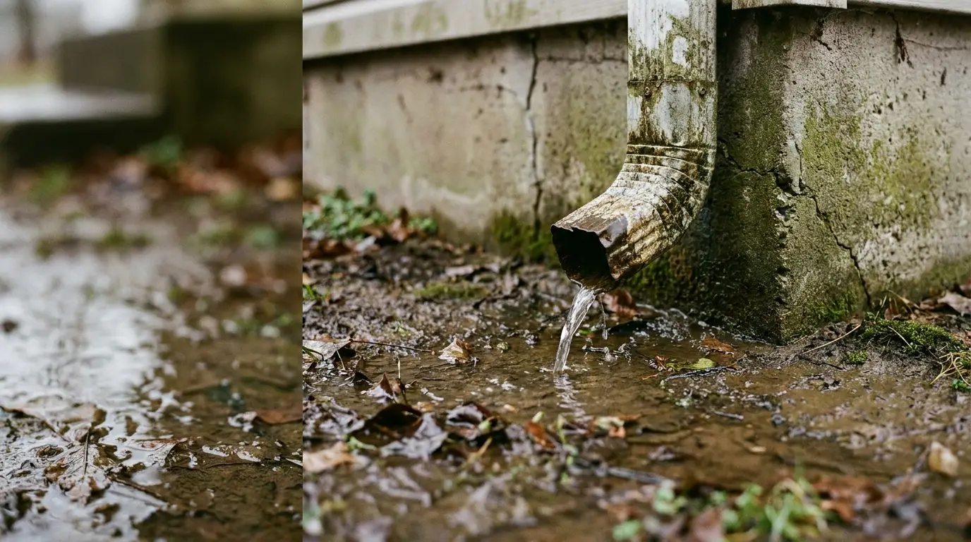 Rusty gutter spout draining water into muddy soil by a concrete foundation