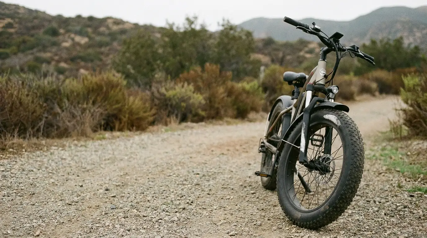 Mountain bike with wide tires on dirt path surrounded by shrubs in hilly terrain