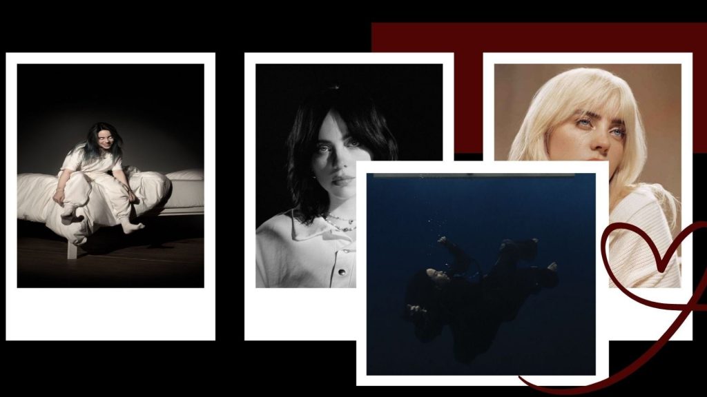 Four Billie Eilish album covers featuring When We All Fall Asleep, Where Do We Go?, Happier Than Ever, and Hit Me Hard and Soft.