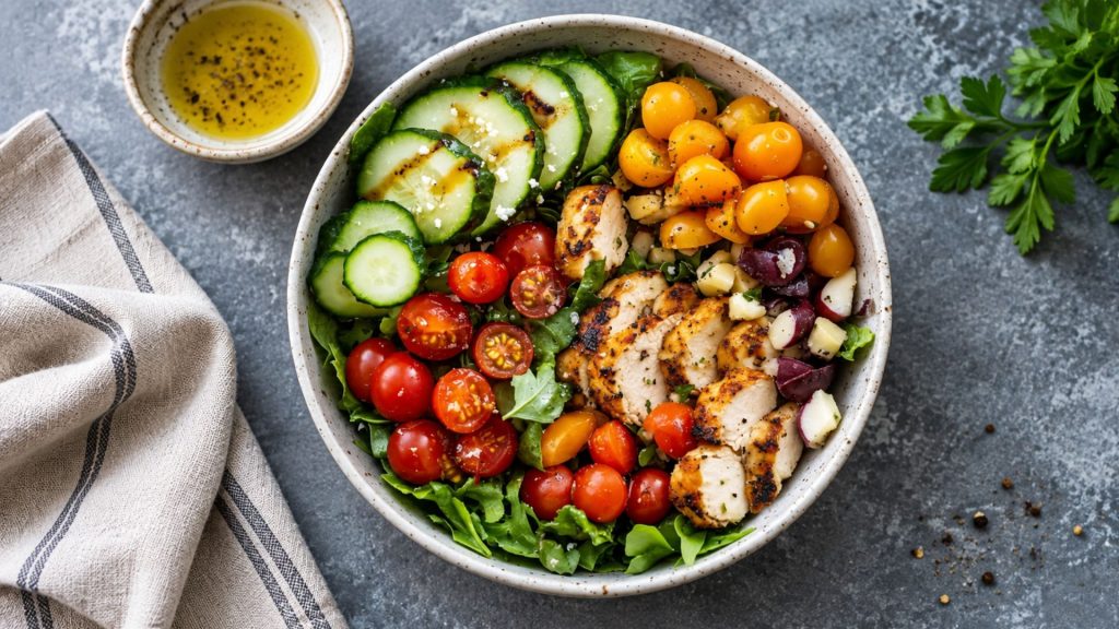 Healthy lunch bowl with grilled chicken, leafy greens, cucumbers, cherry tomatoes, olives, and yellow tomatoes.