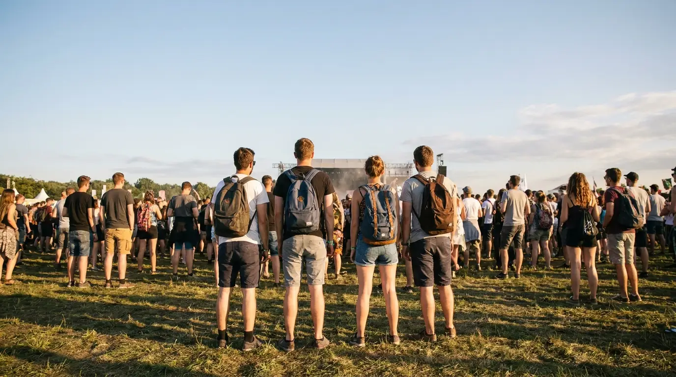 Crowd of people with backpacks standing on grassy field at outdoor music festival