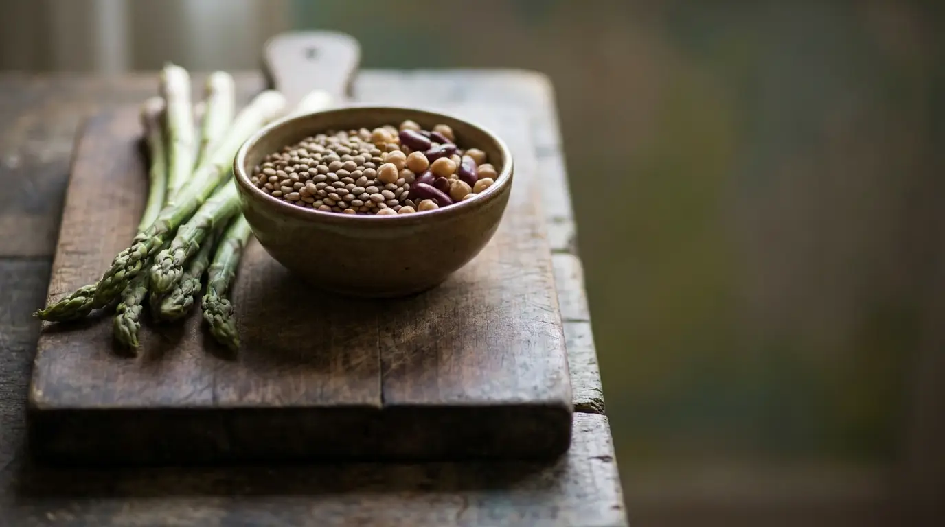 Bowl of mixed beans and lentils next to asparagus on wooden cutting board