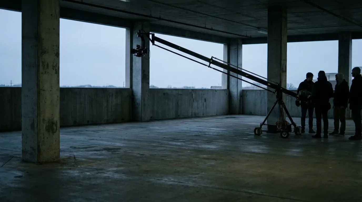 Film crew setting up camera crane in dimly lit concrete building