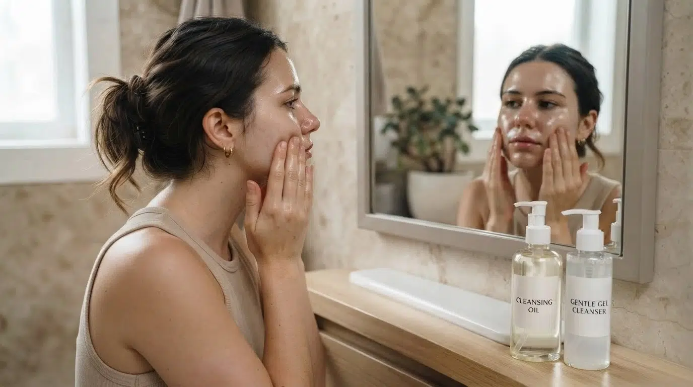 woman washing face with gentle gel cleanser beside clearly labeled skincare bottles