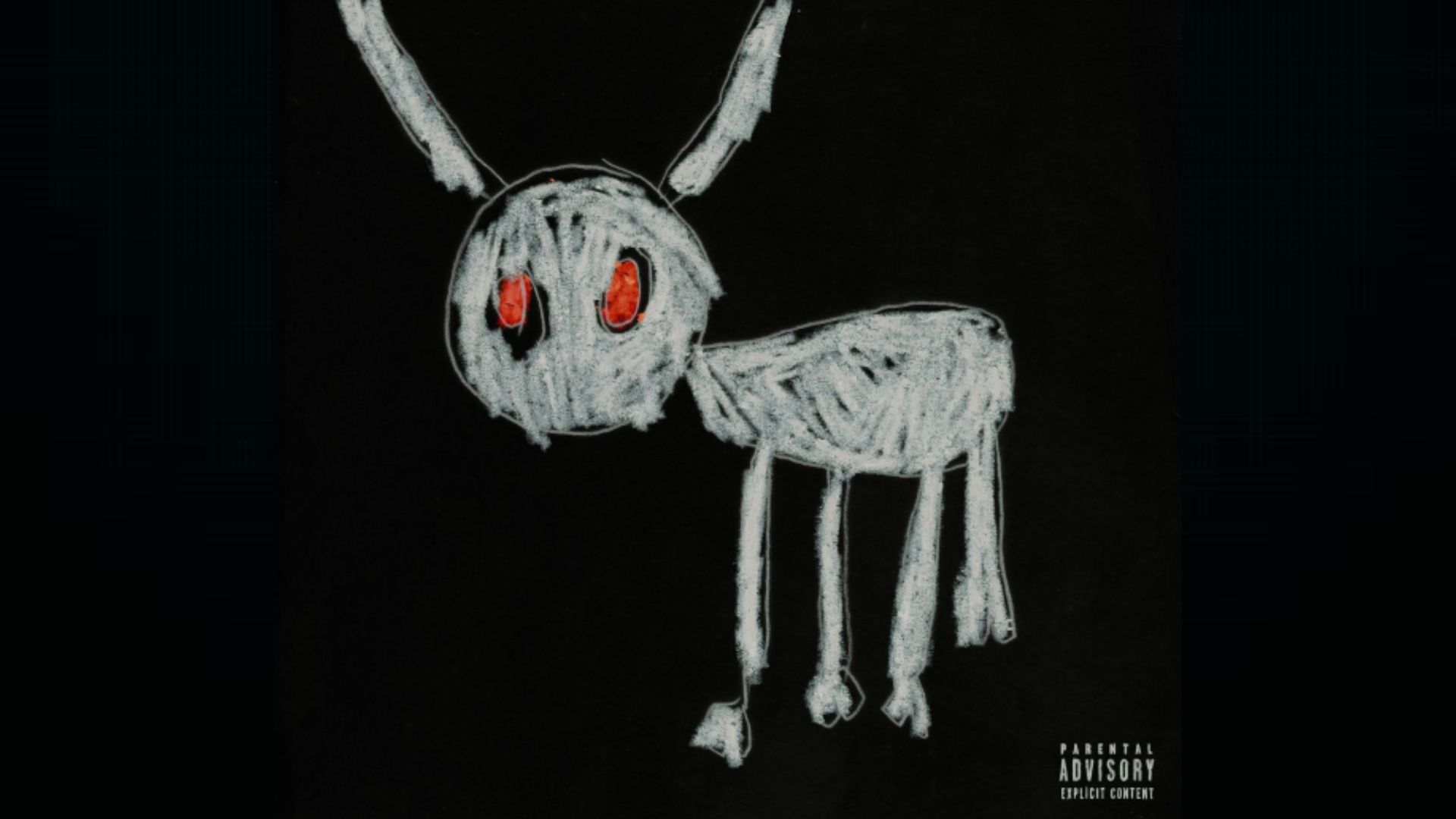 Black album artwork featuring Adonis Graham’s hand-drawn white dog illustration with red eyes.