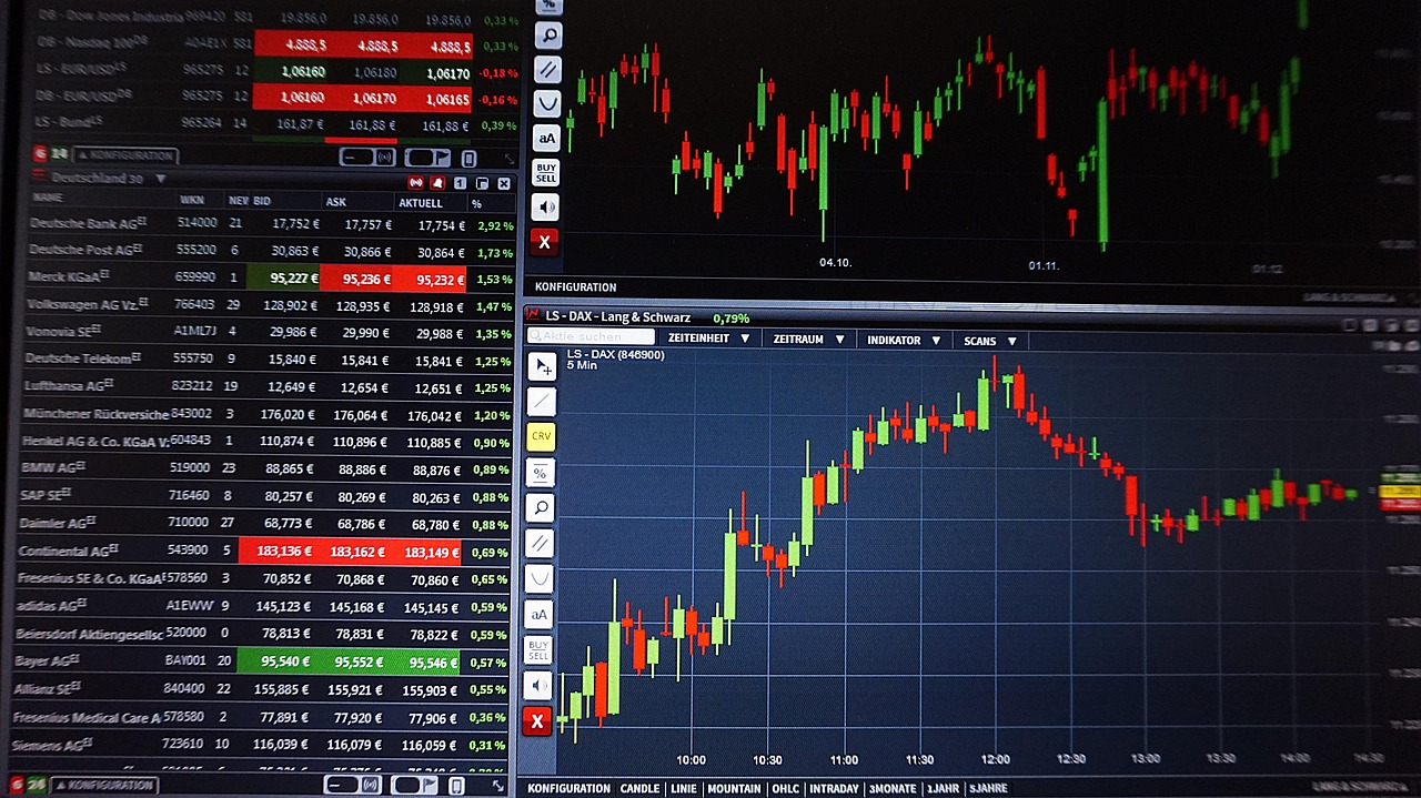 Stock market data graphs and trading charts on computer screen in dimly lit office setting