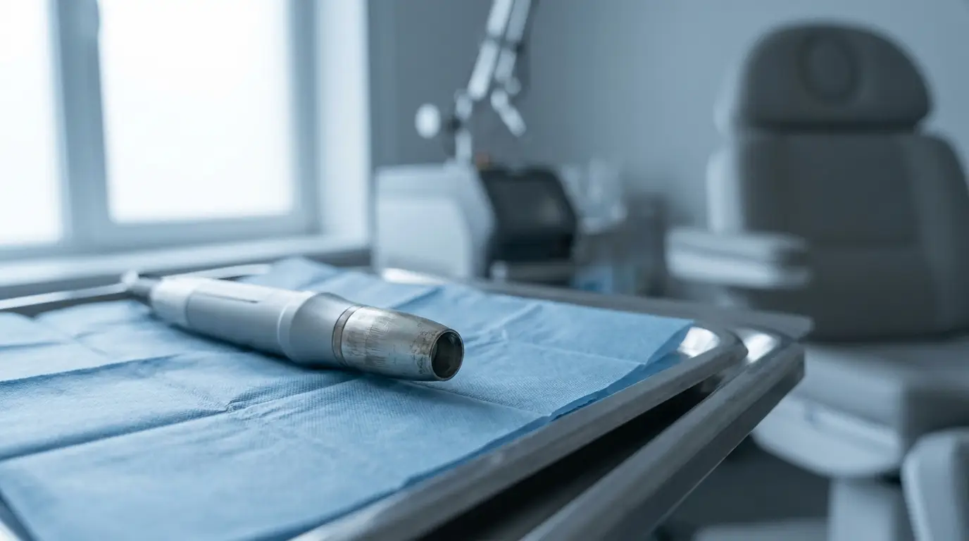 Laser device on a metal tray with blue cloth in a clinical setting