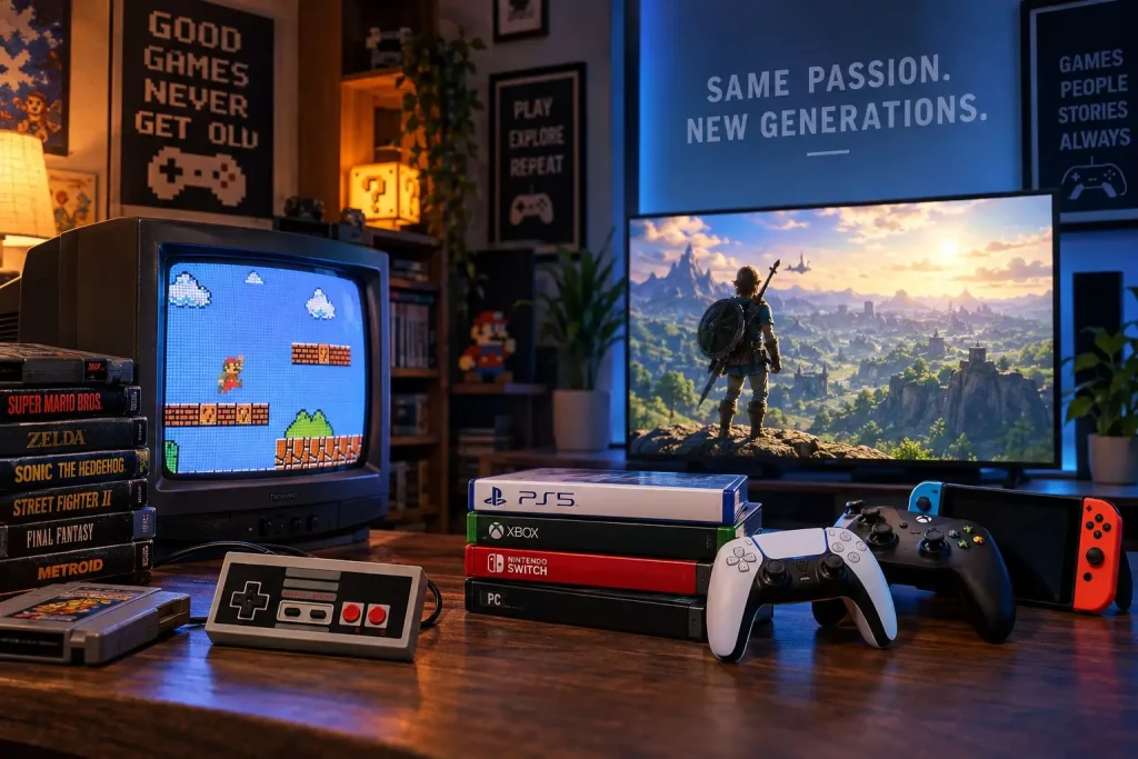 Retro and modern gaming setup with vintage TV, game cartridges, and various controllers in cozy room