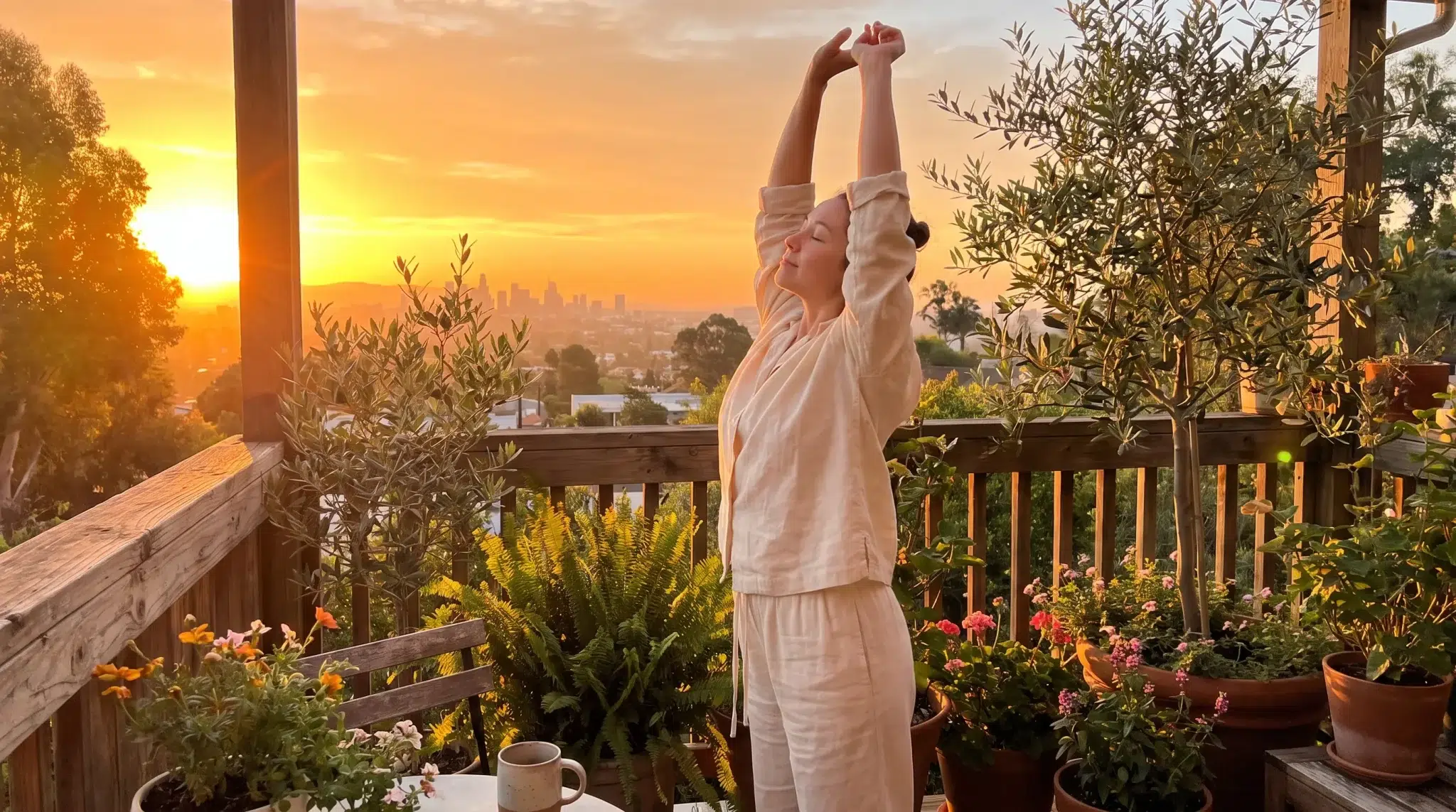 Woman stretching on a balcony with potted plants during sunset, city skyline in background