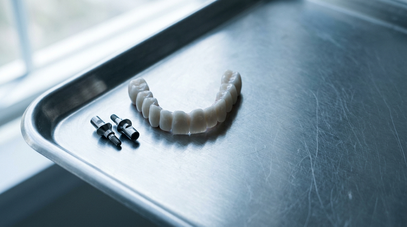Dental implants and dental crown on metal tray under natural light