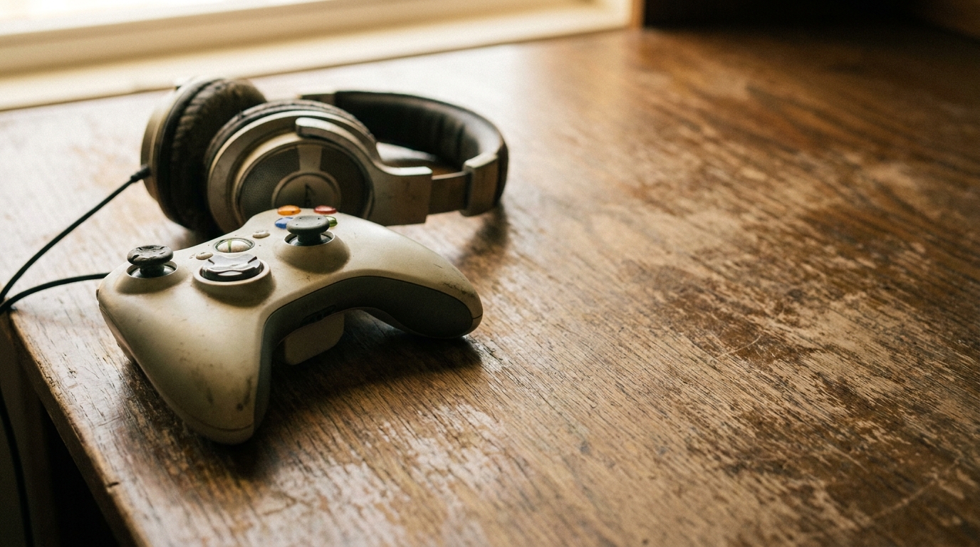 Gaming controller and headphones on a wooden desk near a window