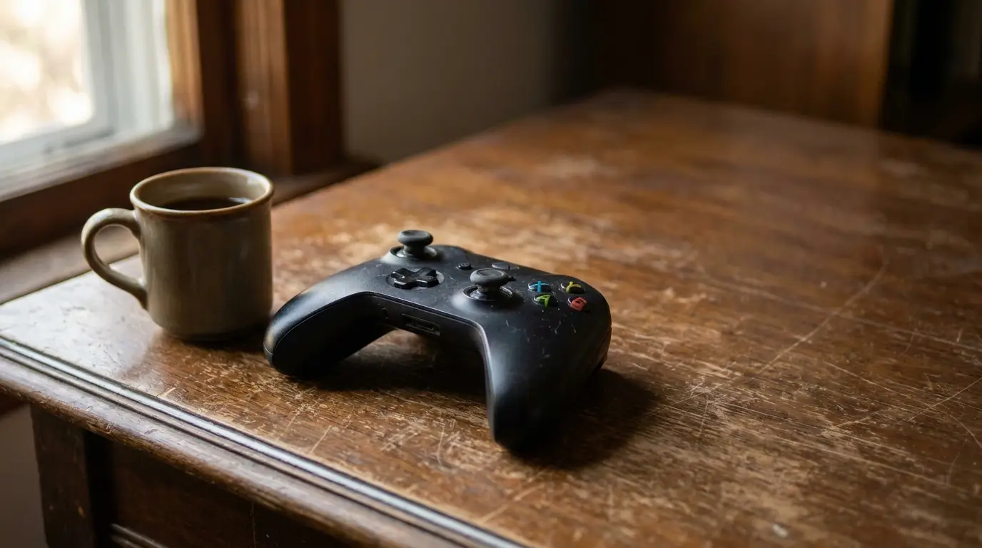 Game controller and coffee mug on a wooden table by a window