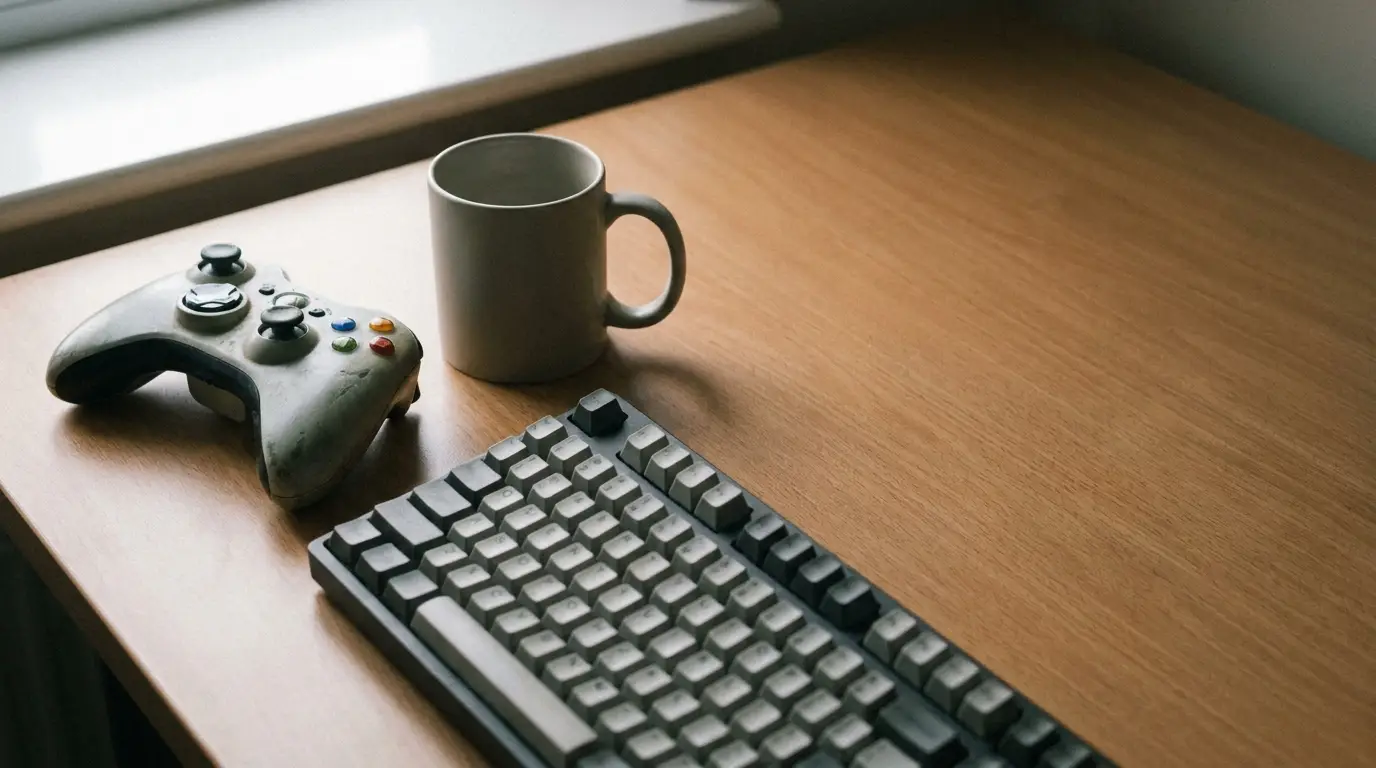 Game controller, keyboard, and coffee mug on wooden desk in natural light