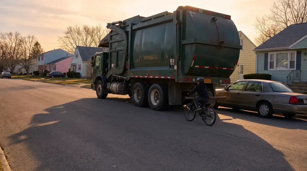Bicycle rider following a large garbage truck on a suburban street at sunset