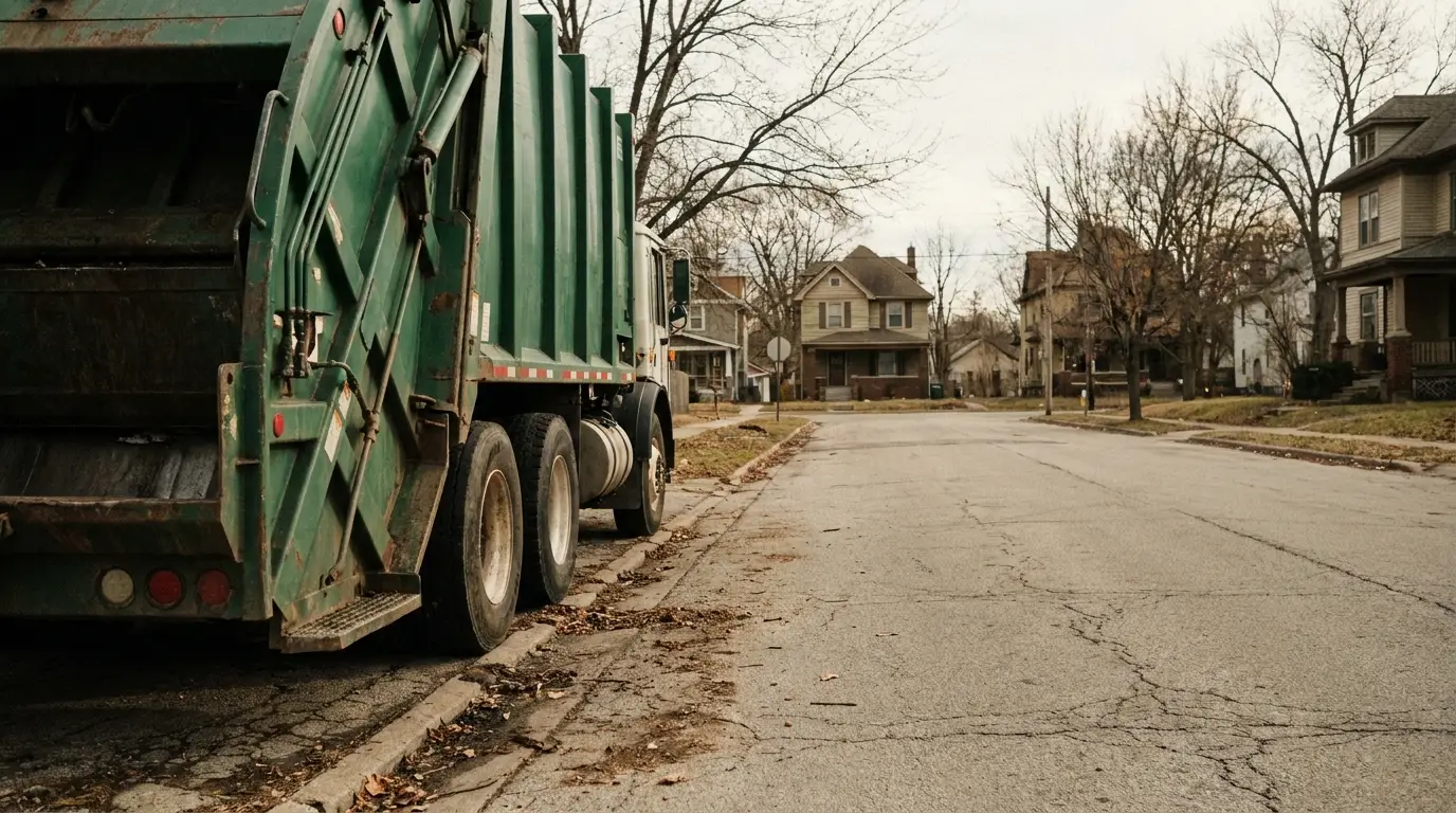 Green garbage truck parked on empty suburban street with bare trees in overcast weather