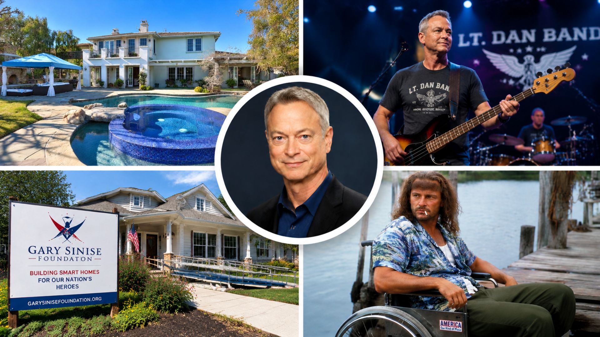 Gary Sinise collage showing his portrait, a luxury home, Lt. Dan Band performance, foundation smart home, and movie scene.