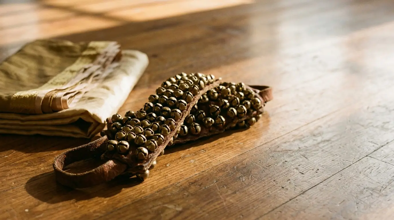 Brown ankle bells next to folded beige fabric on wooden floor in natural light