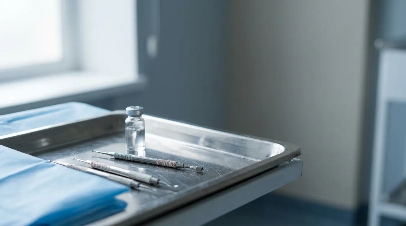 Dental instruments and glass vial on stainless steel tray in clinical setting