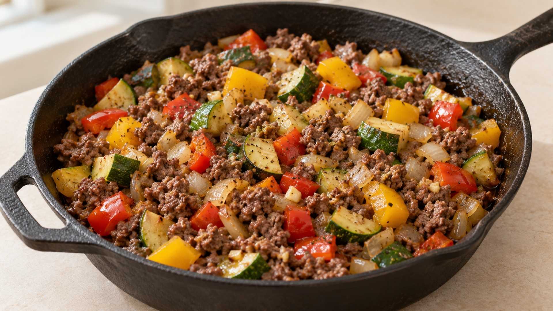 Ground beef and vegetable skillet with zucchini, bell peppers, onions, and garlic.